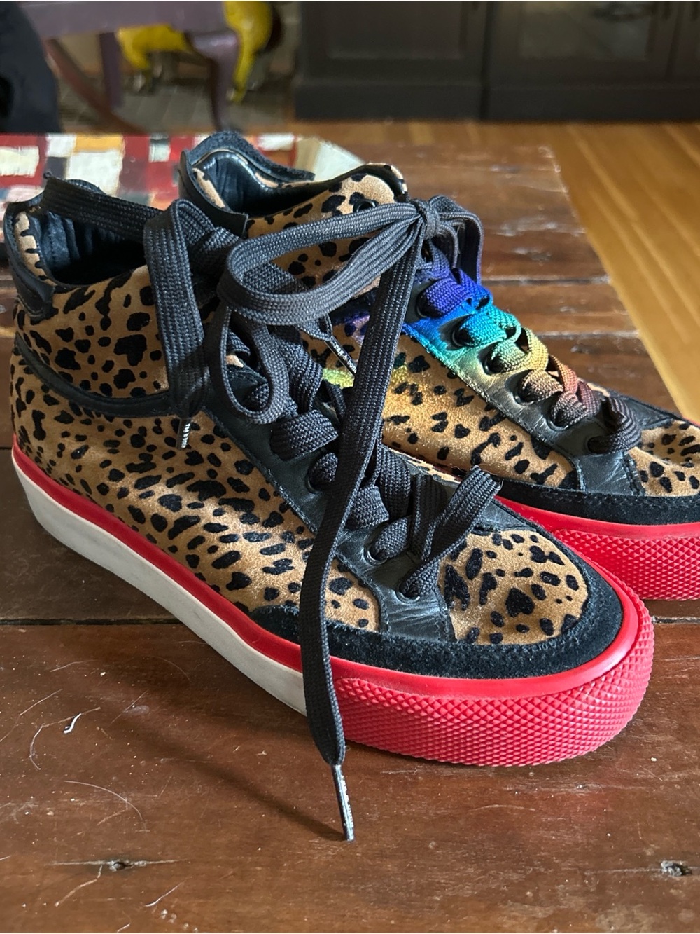 rag & bone Leopard-Print High-Top Sneakers with Red Sole and Rainbow Laces